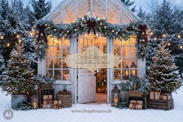 Weihnachts-Backdrop Christmas Greenhouse mit weißem Gewächshaus, warmem Lichterschein und verschneitem Tannenwald in Eisblau und Gold von Drop-Dreams